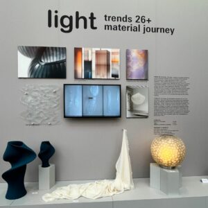 Ausstellungsdisplay mit modernen Kunstwerken zum Thema Licht, darunter abstrakte Skulpturen, Stoffe, eine leuchtende Kugellampe und Bilder auf einer grauen Wand mit der Aufschrift "light trends 26+ material journey", inspiriert von den Wohntrends 2026 und der Ambiente Frankfurt.