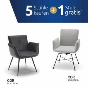 Zwei moderne Designklassiker-Stühle werden ausgestellt: links ein schwarzer COR Alvo Stuhl, rechts ein hellgrauer COR Jalis Stuhl. Möbel Braum präsentiert COR Vorteilswochen - kaufen Sie 5 Stühle, erhalten Sie 1 Stuhl gratis.