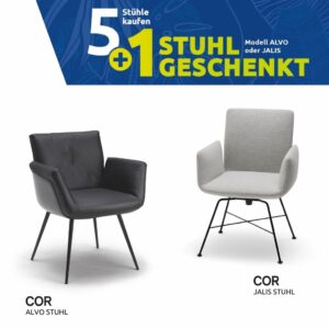 Zwei moderne Designmöbel-Stühle, ein schwarzer ALVO-STUHL und ein hellgrauer JALIS-STUHL, werden unter einem blau-gelben „Sommer-Sale“-Banner mit einem Küchenangebot präsentiert: Beim Kauf von fünf Stühlen gibt es einen gratis dazu.
