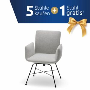 Ein moderner grauer COR Jalis Stuhl mit schwarzen Metallbeinen steht unter einem Banner mit einer goldenen Schleife und der Aktion: "Kaufen Sie 5 Stühle, erhalten Sie 1 gratis" auf Deutsch.