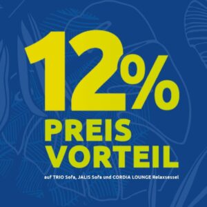 In fetter gelber Schrift auf blauem Hintergrund steht „12 % Preisvorteil – Teil unseres Sommer-Sonderverkaufs für Designermöbel“, mit einem kleinen Hinweis auf das TRIO-Sofa, das JALIS-Sofa und den CORDIA LOUNGE-Relaxsessel.