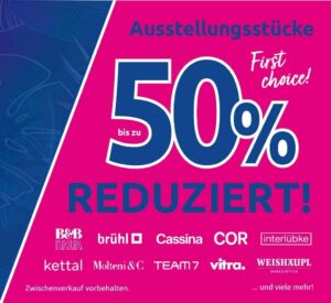 Werbegrafik auf Deutsch für den Sommer-Sale: Bis zu 50 % Rabatt auf Designermöbel und Küchen von Top-Marken wie Cassina, COR, Vitra und weiteren.