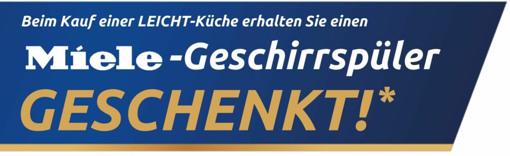 Banner mit deutschem Text, der einen kostenlosen Miele Geschirrspüler beim Kauf einer LEICHT Architekturküchen bei Möbel Braum anbietet, in fetten blauen, weißen und goldenen Lettern.