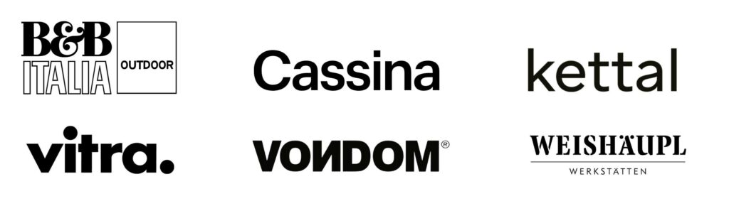 Die Logos von sechs modernen Möbelmarken - B&B Italia Outdoor, Cassina, Kettal, Vitra, Vondom und Weishäupl Werkstätten - sind in Schwarz und Weiß gehalten. Die perfekte Inspiration für Design-Gartenmöbel bei Möbel Braum.