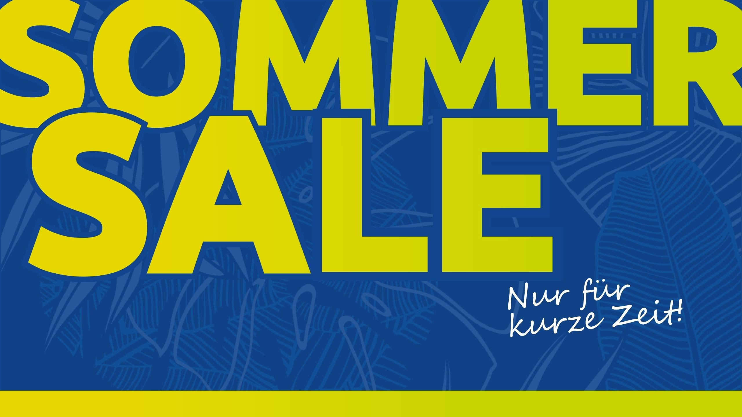 In großen gelben Buchstaben auf blauem Hintergrund steht „SOMMER SALE“. In der Ecke ist in kleinerer weißer Schrift „Nur für kurze Zeit!“ zu lesen. Dezente Blattmuster und Anklänge an Designmöbel verleihen der Szene eine frische, moderne Atmosphäre.