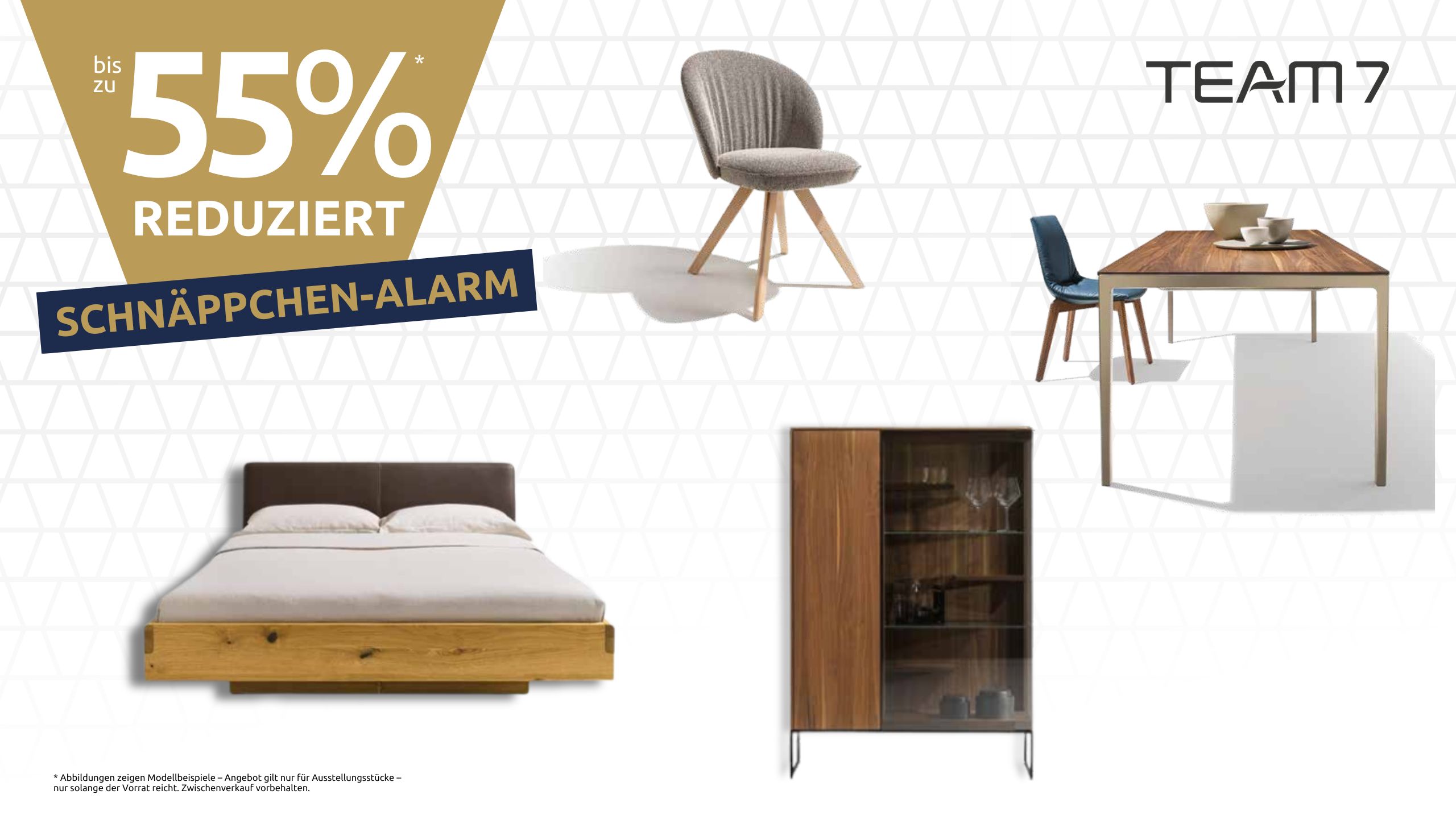Anzeige mit bis zu 55% Rabatt auf ausgewählte Möbel von TEAM 7, darunter ein Stuhl, eine Essgruppe, ein Bett und ein Schrank-Schnäppchen-Alarm! Entdecken Sie nachhaltiges Design zu unschlagbaren Preisen.