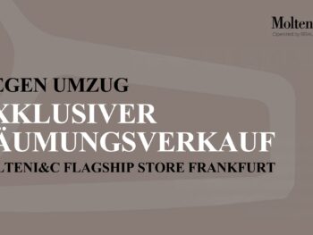 Text in Deutsch kündigt einen exklusiven Räumungsverkauf im Molteni&C Frankfurt Flagship-Store wegen Umzug an, mit dem Markenlogo oben rechts.