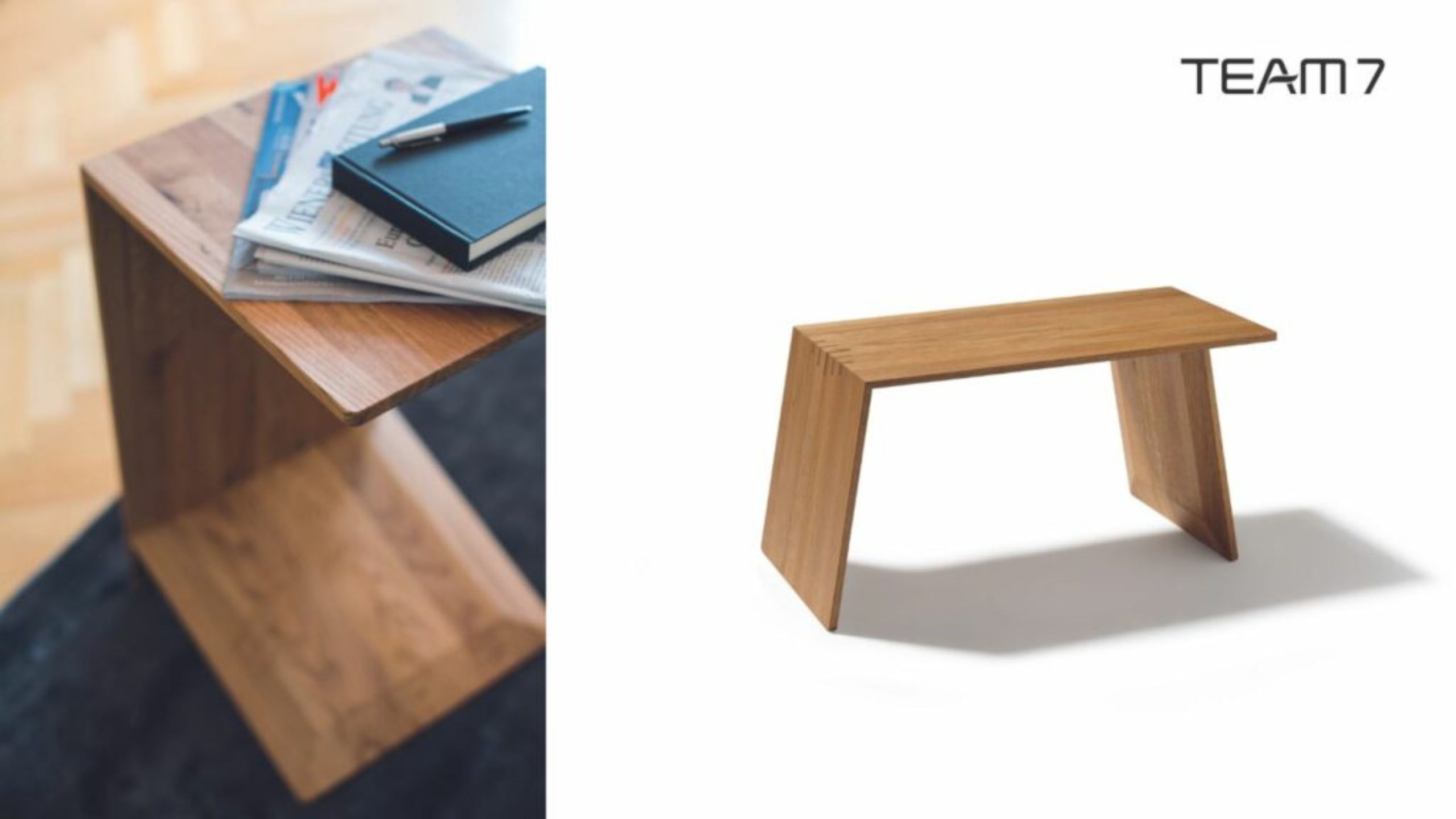 Ein kleiner hölzerner Beistelltisch mit angewinkelten Beinen, links mit Büchern und Zeitschriften, rechts allein fotografiert mit dem TEAM 7 Logo. Dieser vielseitige Beistelltisch vereint Stil und Funktion für jeden Wohnbereich.