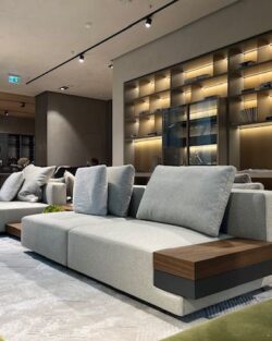 Modernes Wohnzimmer mit einem hellgrauen Marteen Sofa von Molteni&C, eingebauten Holzregalen mit warmer Beleuchtung und minimalistischem Dekor.