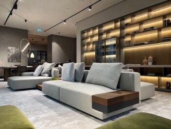 Modernes Wohnzimmer mit einem hellgrauen Marteen Sofa von Molteni&C, eingebauten Holzregalen mit warmer Beleuchtung und minimalistischem Dekor.