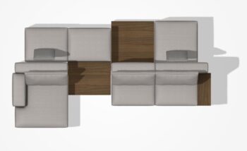 Draufsicht auf das Molteni&C Marteen Sofa, eine luxuriöse modulare Sitzgruppe mit hellgrauen Kissen und zwei braunen Holztischen, die sich nahtlos in die Einrichtung einfügen.