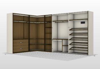 3D-Rendering eines Gliss Master Eckkleiderschranks von Molteni&C mit offenen Regalen, Hängestangen, Schubladen und Schuhregalen in heller und dunkler Holzoptik - perfekt für ein modernes Ankleidezimmer.