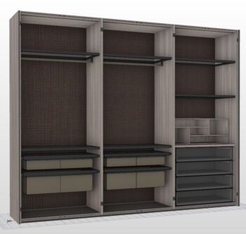 Der dreiteilige Kleiderschrank Gliss Master von Molteni&C verfügt über Einlegeböden, Schubladen und Fächer in neutraler Holzoptik mit dunklen Akzenten - ein eleganter Kleiderschrank für moderne Innenräume.