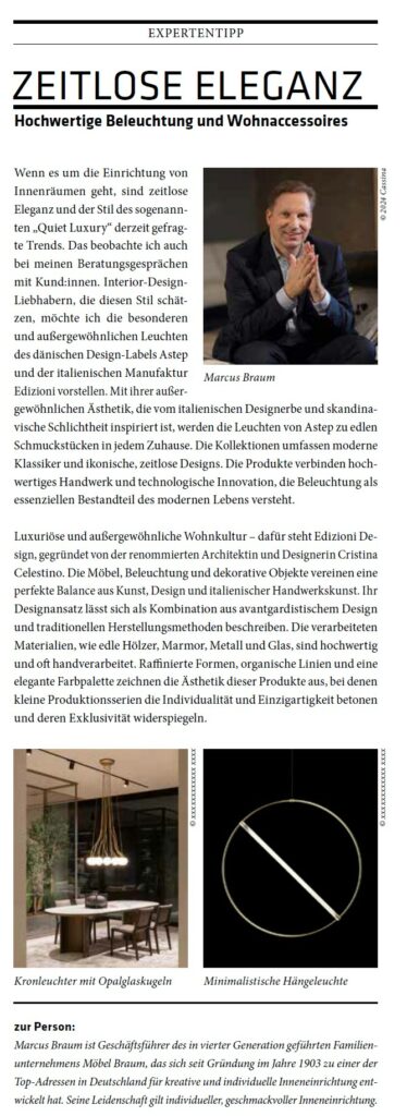 Eine Zeitungskolumne mit dem Expertentipp von Marcus Braum zeigt ein Porträt und hebt hochwertige Beleuchtung und stilvolle Wohnaccessoires unter dem Motto Zeitlose Eleganz hervor.