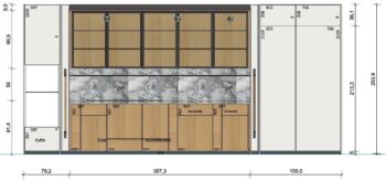 Molteni Abverkauf, Outlet, Angebot: Frontansicht eines Küchenschranks mit Paneelen aus Holz, Glas und Marmor von Molteni&C, mit detaillierten Abmessungen und beschrifteten Fächern wie Ofen, Spüle und Geschirrspüler.