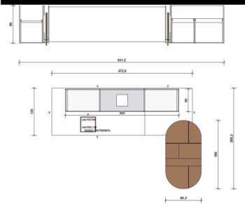 Molteni Abverkauf, Outlet, Angebot: Technische Zeichnung mit Vorder- und Draufsicht eines langen Molteni&C-Schranks mit Regalen und beschriftetem Mittelteil, daneben ein großer ovaler Tisch; alle Maße sind an der Schnittstelle mit dem Grundriss der Küche deutlich markiert.