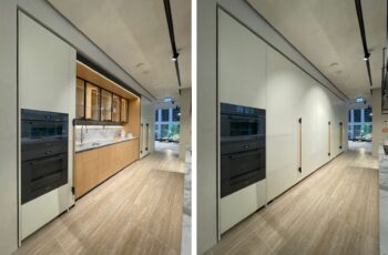 Molteni Abverkauf, Outlet, Angebot: Nebeneinander stehende Fotos einer modernen Molteni&C Küche; links sind Geräte und Regale sichtbar, rechts ist derselbe Bereich der Luxus Küche elegant hinter Schiebetüren verborgen.