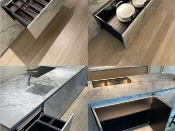 Molteni Abverkauf, Outlet, Angebot: Vier Bilder von modernen Molteni&C Küche Schubladen: eine mit organisierten Utensilien, eine mit Töpfen, eine für Abfalleimer und ein leerer Schrank, alle mit einer Marmoroberfläche an der Schnittstelle von Stil und Funktion.