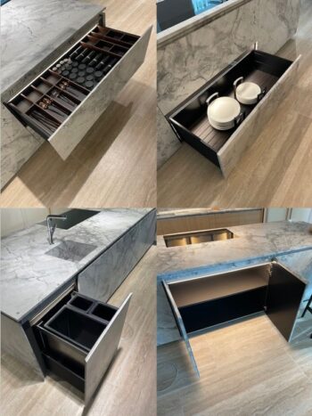 Molteni Abverkauf, Outlet, Angebot: Vier Bilder von modernen Molteni&C Küche Schubladen: eine mit organisierten Utensilien, eine mit Töpfen, eine für Abfalleimer und ein leerer Schrank, alle mit einer Marmoroberfläche an der Schnittstelle von Stil und Funktion.