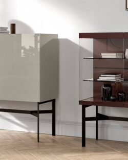 Zwei moderne Schränke auf schwarzen Metallbeinen stehen nebeneinander; der eine ist geschlossen und in glänzendem Beige gehalten, der andere offen mit Glastüren, die dekorative Gegenstände zeigen.
