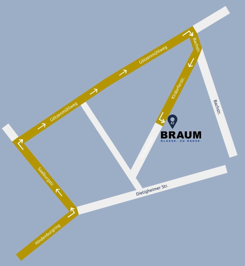 Eine vereinfachte Karte zeigt eine hervorgehobene Fahrtroute entlang Götzenmühlweg, Salingerweg und Hindenburgweg - mit einem kleinen Umweg, der sich für Sie lohnt. Das BRAUM Logo ist nahe einer zentralen Kreuzung markiert.