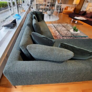 Modernes Wohnzimmer mit einem langen, grauen Carré-Sofa, einem Couchtisch aus Glas, einer dekorativen Pflanze und großen Fenstern, die viel Tageslicht hereinlassen.