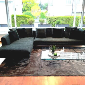 Ein modernes Wohnzimmer mit einem Charles Carré Sofa von B&B Italia, einem gläsernen Couchtisch mit einer Pflanze und grünem Dekorationsmaterial, einem braunen Teppich und großen Fenstern, die den Blick auf das üppige Grün draußen freigeben.