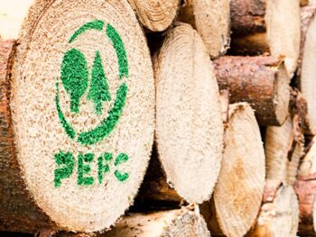 Gestapelte Holzstämme mit dem PEFC-Logo und grünem Text auf der Schnittfläche eines Stammes, der auf eine zertifizierte nachhaltige Waldbewirtschaftung hinweist.