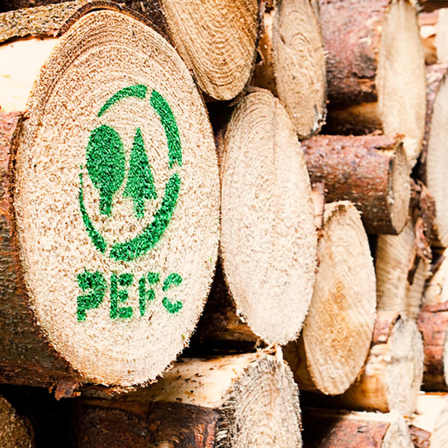Gestapelte Holzstämme mit dem PEFC-Logo und grünem Text auf der Schnittfläche eines Stammes, der auf eine zertifizierte nachhaltige Waldbewirtschaftung hinweist. Gestapelte Holzstämme mit dem PEFC-Logo und grünem Text auf der Schnittfläche eines Stammes, der auf eine zertifizierte nachhaltige Waldbewirtschaftung hinweist.