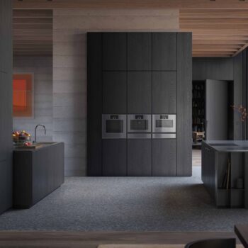 Gaggenau Expressive: Moderne Küche mit dunklen Schränken, Gaggenau-Edelstahl-Einbaubacköfen aus der Expressive Serie, einem kleinen Spülbereich und minimalistischem Dekor.