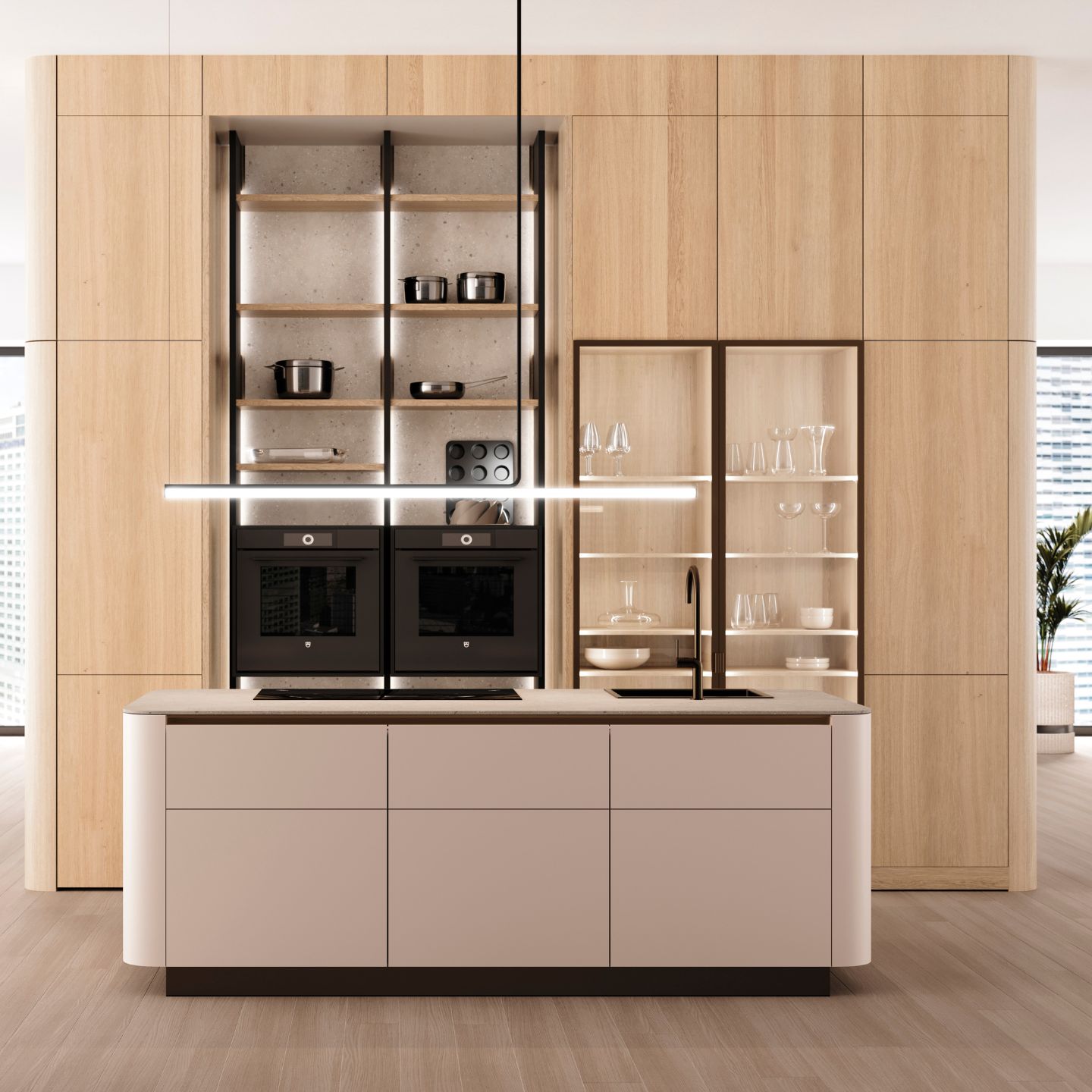 Moderne Leichte Küchen mit hellen Holzschränken, eingebauten schwarzen Öfen, offenen Regalen mit Geschirr, Glasvitrinen mit Gläsern und einer zentralen Insel mit Rundwangen und einer Spüle.
