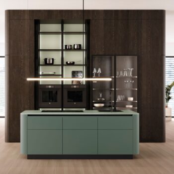 Leicht Küchen Rundwangen - Moderne Küche mit grüner Rundwangen-Insel, holzgetäfelter Wand, offenen Regalen mit Kochgeschirr und Gläsern sowie Einbaubacköfen von Leicht Küchen.