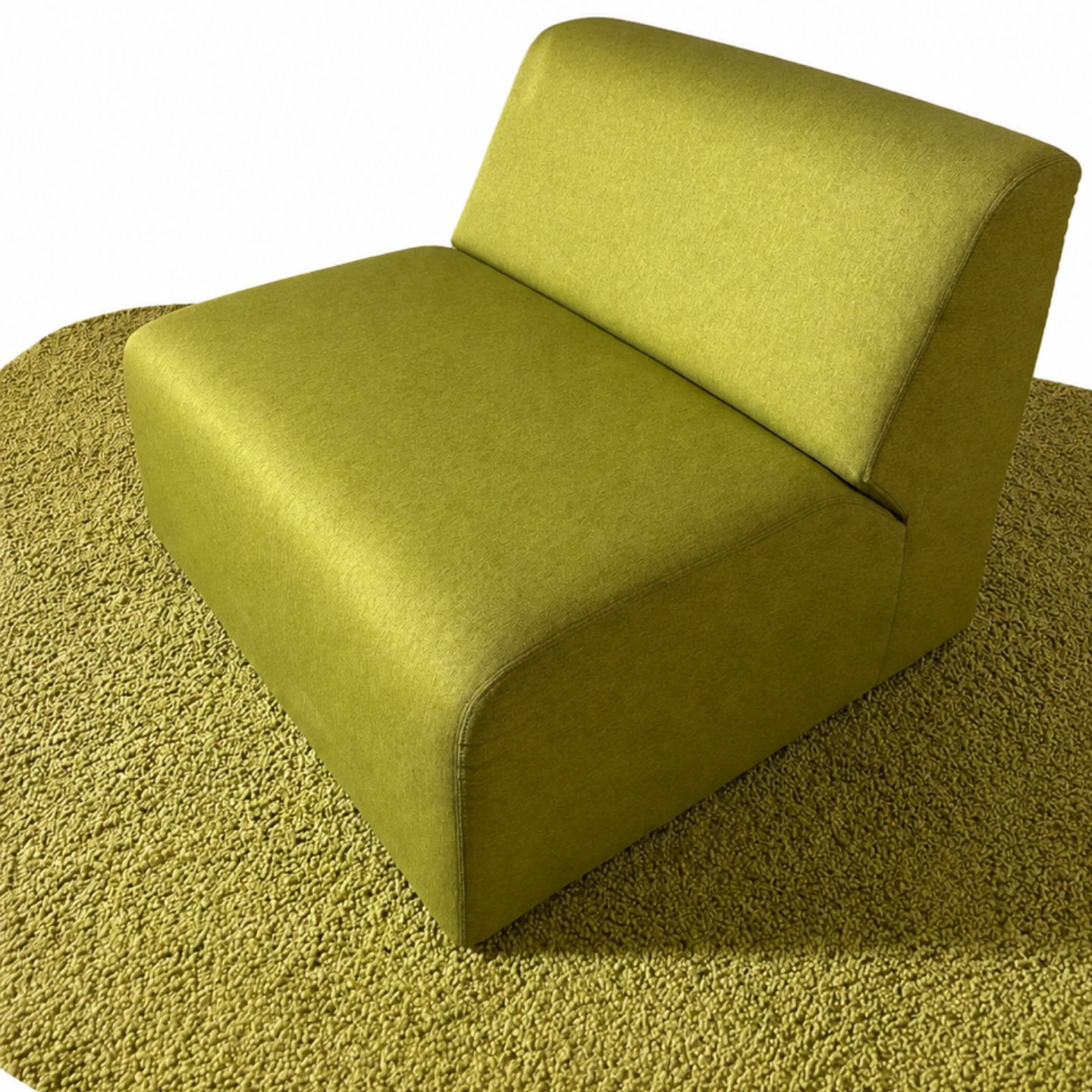 Ein grün gepolsterter Loungesessel steht auf einem passenden grünen, strukturierten ovalen Teppich; beide sind von oben vor einem weißen Hintergrund zu sehen – perfekt, um jedem Jugendzimmer Stil und Komfort zu verleihen. Ein grün gepolsterter Loungesessel steht auf einem passenden grünen, strukturierten ovalen Teppich; beide sind von oben vor einem weißen Hintergrund zu sehen – perfekt, um jedem Jugendzimmer Stil und Komfort zu verleihen.