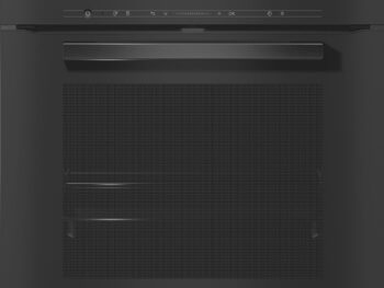 Ein schwarzer Miele Backofen H 7464 BP mit Digitalanzeige und Touch-Bedienfeld über der Backofentür. Die Tür ist mit einem großen Glasfenster ausgestattet.