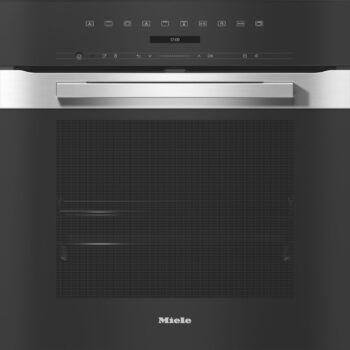 Frontansicht des Miele-Backofens H 7464 BP mit Digitalanzeige, Touch-Bedienung, Edelstahlgriff und glatter Glastür.