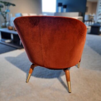 Ein roter Samtsessel mit Holzbeinen und Messingspitzen, platziert auf einem hellen Teppich in einem modernen Wohnzimmerambiente, schafft eine Atmosphäre der Behaglichkeit – wie ein automatisch gespeicherter Entwurf raffinierten Designs.