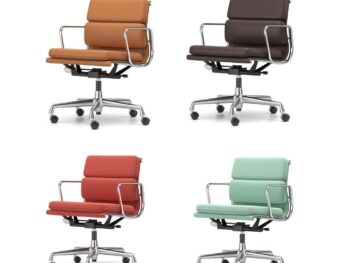 Vier moderne Bürostühle - EA 219, EA 217 und der Vitra Soft Pad Chair - in den Farben Braun, Dunkelbraun, Rot und Mintgrün, jeweils mit Metallgestell und Rollen, werden vor einem weißen Hintergrund gezeigt.