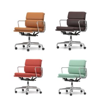 Vier moderne Bürostühle - EA 219, EA 217 und der Vitra Soft Pad Chair - in den Farben Braun, Dunkelbraun, Rot und Mintgrün, jeweils mit Metallgestell und Rollen, werden vor einem weißen Hintergrund gezeigt.