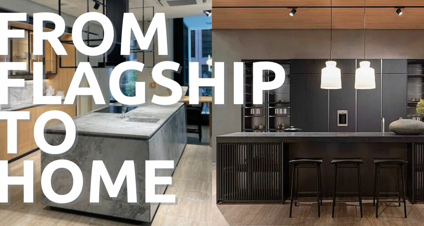 Zwei moderne Küchen sind nebeneinander abgebildet; fetter weißer Text über dem Bild lautet FROM FLAGSHIP TO HOME - ein automatisch gespeicherter Entwurf zeitgenössischen Stils.