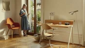 Eine Frau steht an einer Glastür und liest eine Zeitschrift in einem hellen Raum mit Parkettboden, Holzschreibtisch, orangefarbenem Sessel und Stehlampe - ein inspirierendes Homeoffice für schön wohnen und besser arbeiten.