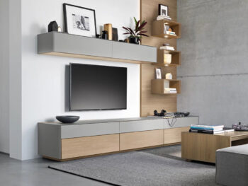 Modernes Wohnzimmer mit einer Team 7 cubus pure Wohnwand, wandmontiertem TV, minimalistischen hölzernen und grauen Schränken, schwebenden Regalen mit Dekor und einem grauen Teppich auf Betonboden.