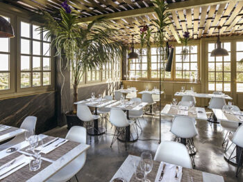 Vitra DSR Stühle weiß im Restaurant