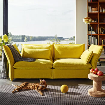 Ein gelbes Vitra Mariposa Sofa mit Kissen und einer grauen Decke steht in einem Wohnzimmer mit großen Fenstern, einem Bücherregal, einem runden Tisch mit Äpfeln, einem gelben Ball und einer Katze, die auf einem grauen Teppich liegt.
