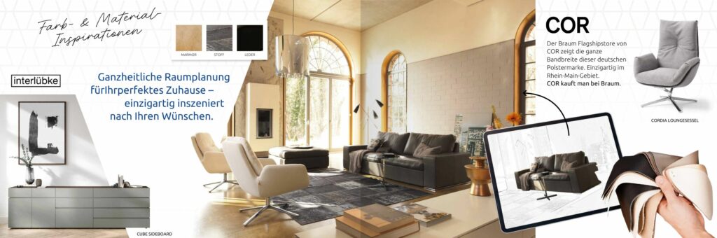 Modernes Wohnzimmer mit einem grauen Sofa, Sesseln, einem großen Teppich und einem Tablet, auf dem die Möbeloptionen von Möbel Braum zusammen mit Material- und Farbmustern in der oberen linken Ecke angezeigt werden - perfekt für Ihr nächstes Projekt im Bereich Interior Design oder Einrichtungsplanung.