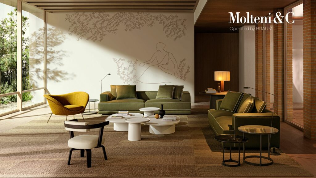 Modernes Wohnzimmer mit grünen Molteni&C-Sofas, einem gelben Sessel, runden Couchtischen, großen Fenstern und einem Wandbild mit der Strichzeichnung einer sitzenden Figur. Das Branding von Möbel Braum und Molteni&C ist oben rechts zu sehen.