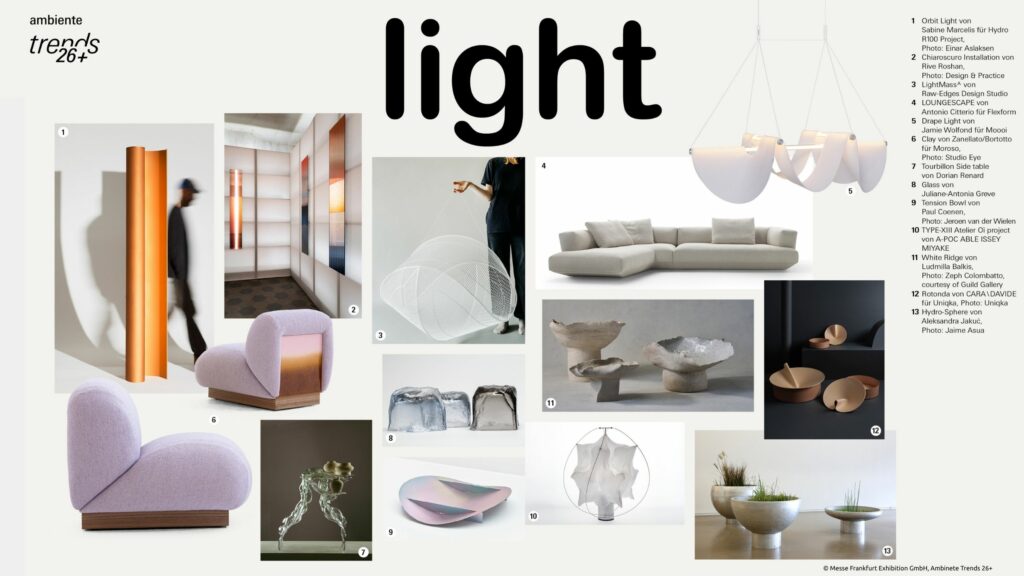 Collage aus modernen, minimalistischen Möbeln, Leuchten und Dekorationsstücken in sanften, neutralen Farben, mit Wohntrends 2026 in Fettdruck oben und einer nummerierten Artikelliste auf der rechten Seite.