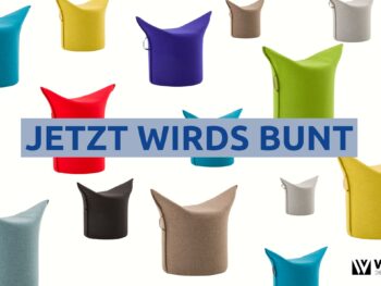 Mehrere bunte, moderne Zipfelhocker auf weißem Hintergrund mit dem Schriftzug JETZT WIRDS BUNT in der Mitte und dem Werther-Logo in der rechten unteren Ecke sorgen für ein lebendiges Design.